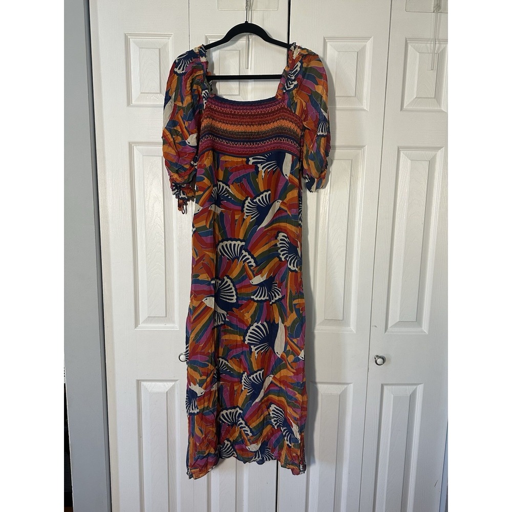 FARM RIO Rainbow Toucan Bird Print Smocked Maxi Dress M READ - Picture 2 of 7